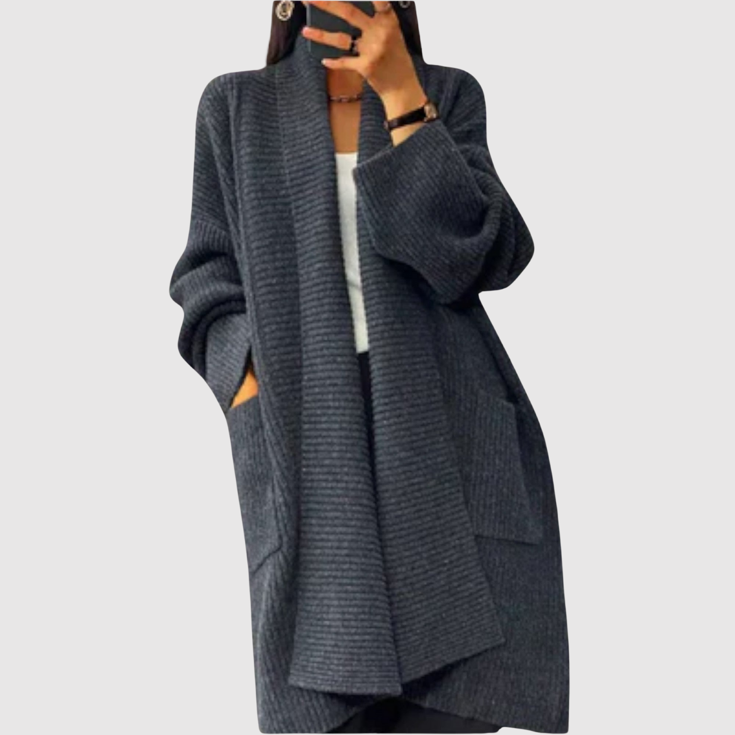 Jelena – Długi pleciony kardigan z ciepłymi rękawami