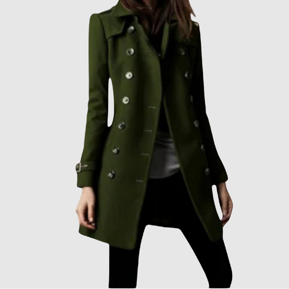 Jelena – Płaszcz inspirowany wojskowym stylem ze złotymi guzikami