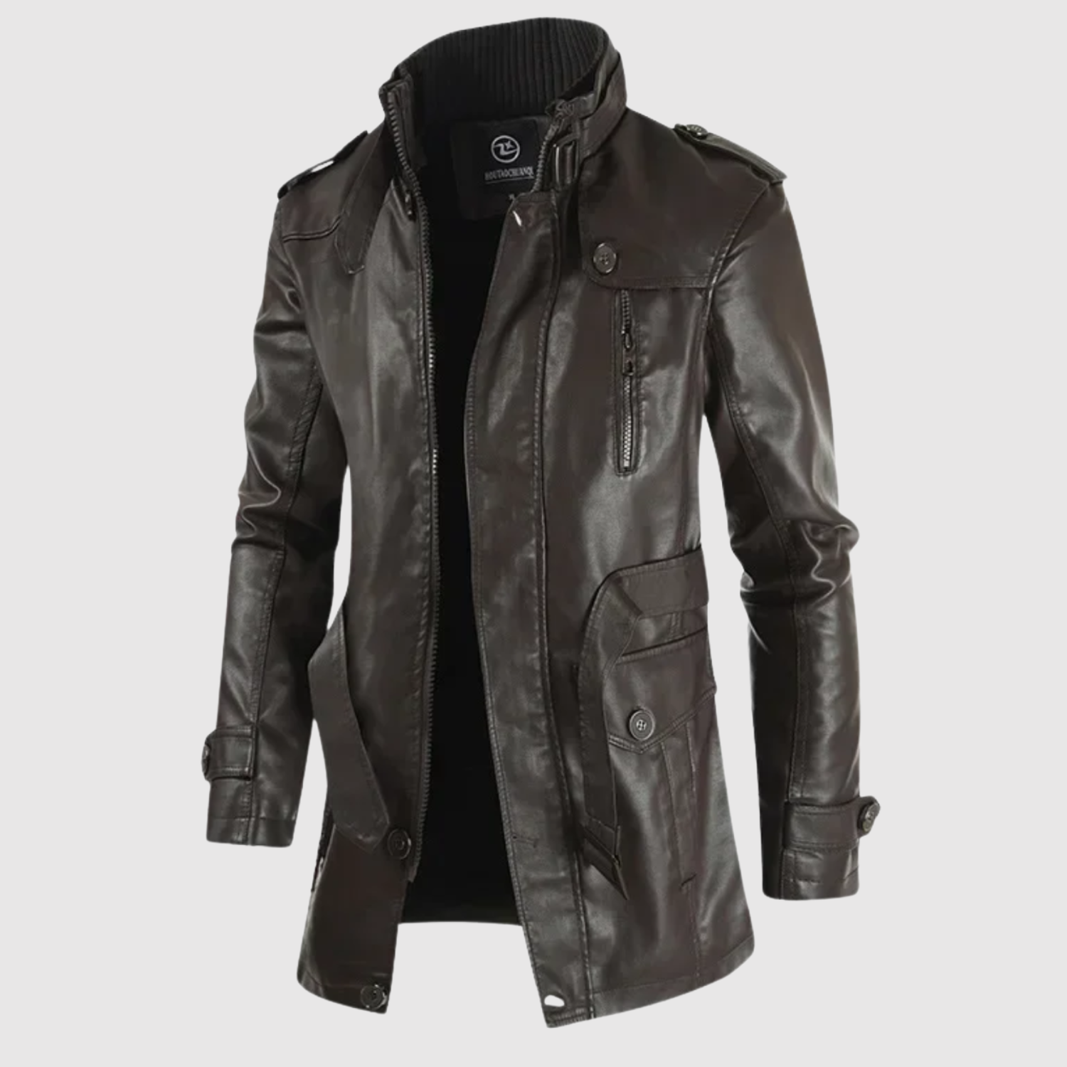 Dorian – Długa skórzana kurtka z wysokim kołnierzem